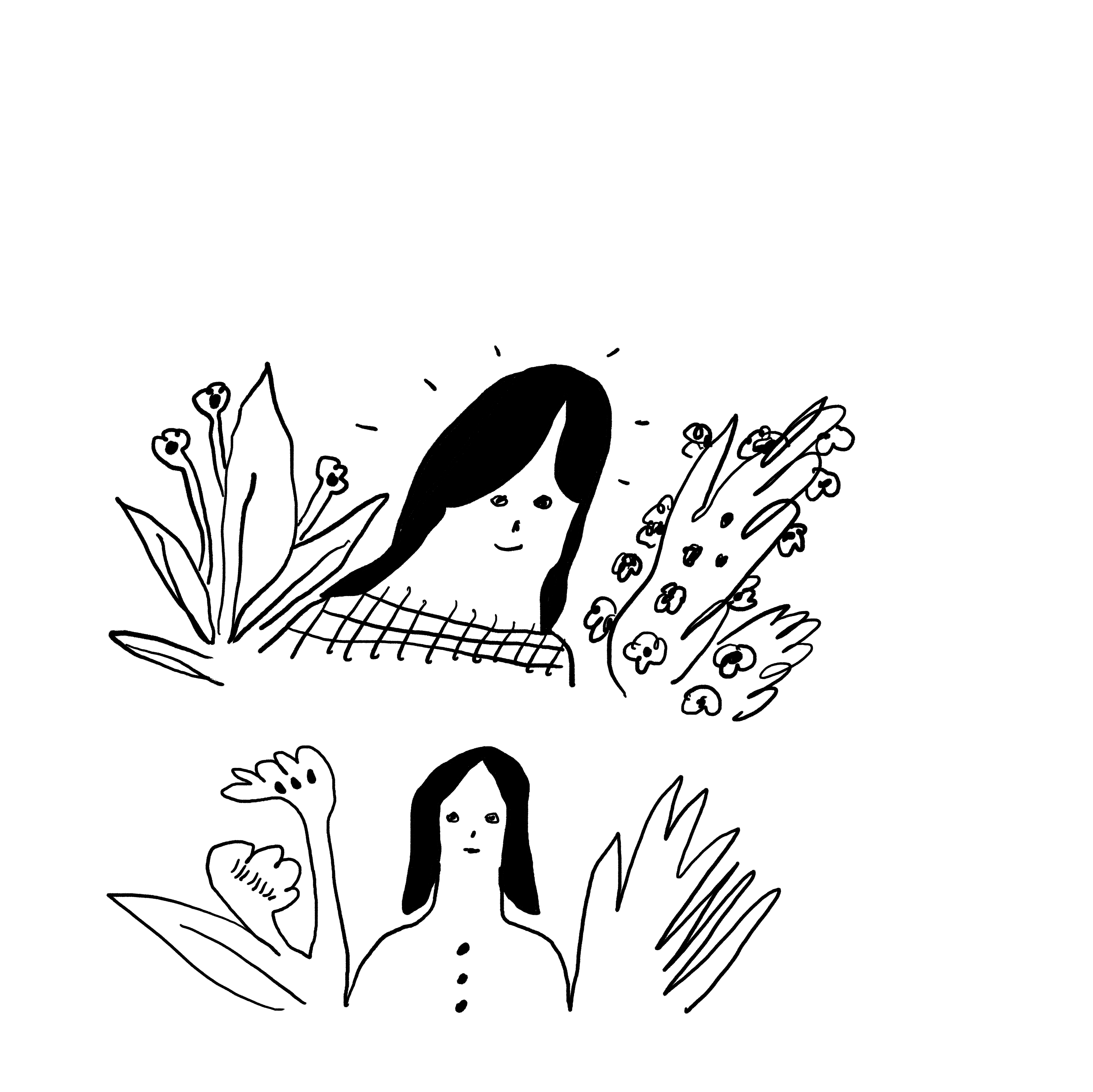 Hand-drawn illustration of woman surrounded by flowers