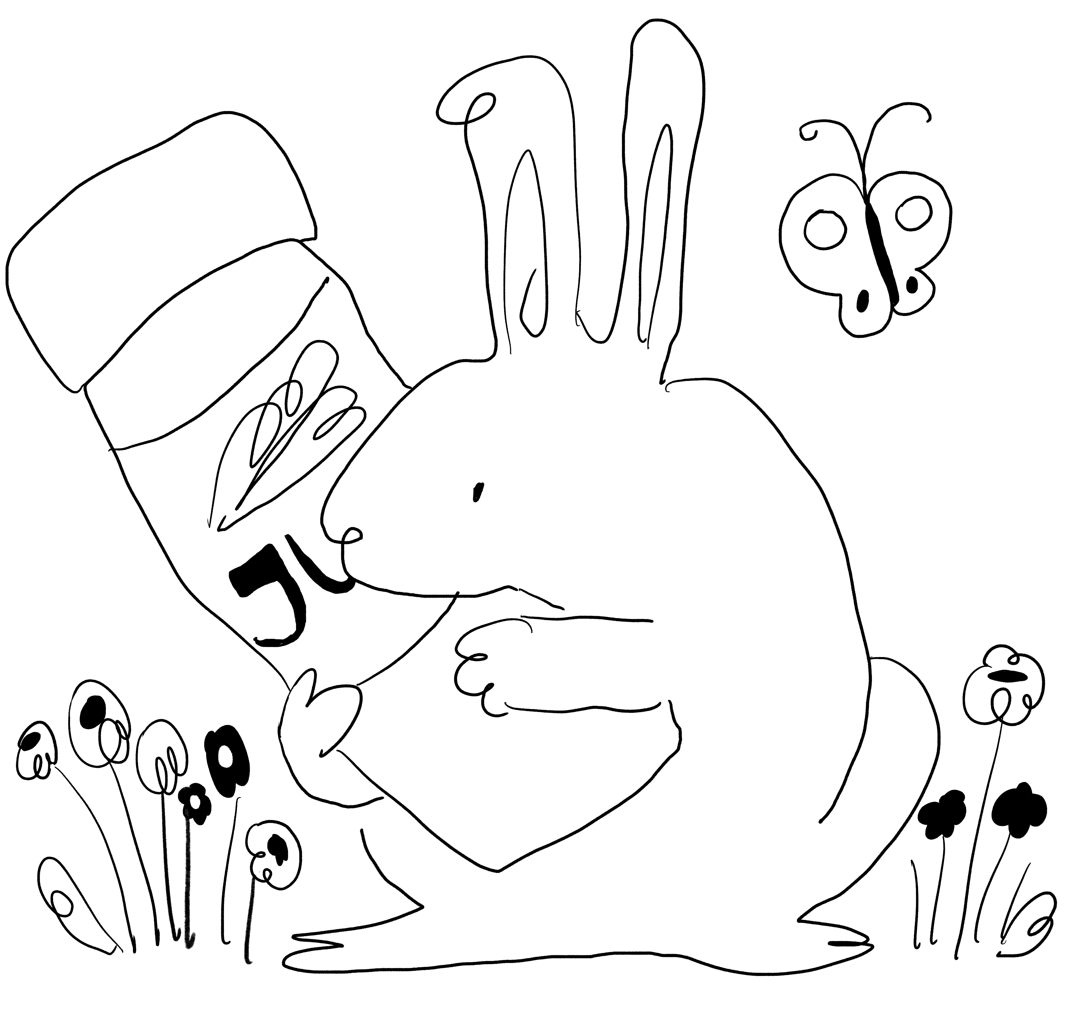 Hand-drawn bunny rabbit holding a jar of Juju kimchi among flowers